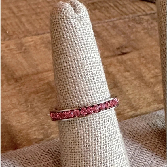 Waterproof Pink CZ Stainless Steel Eternity Band Stack Ring Wedding - Picture 6 of 7